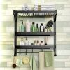 Triple Tier Towel Rack Wall Mounted with Large Storage Basket Dual Floating Shelves 16" Rod Bars 7 Hooks,Towel Holder Organizer for Hotel, Lavatory